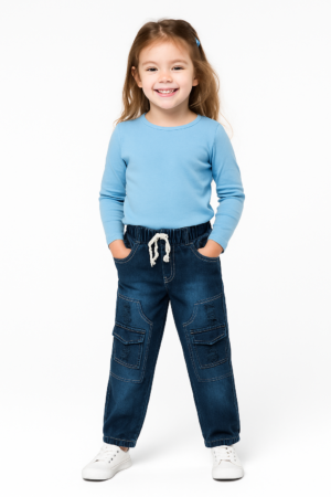 "Kids Denim Jogger Jeans with Cargo Pockets – Elastic Waist & Drawstring"