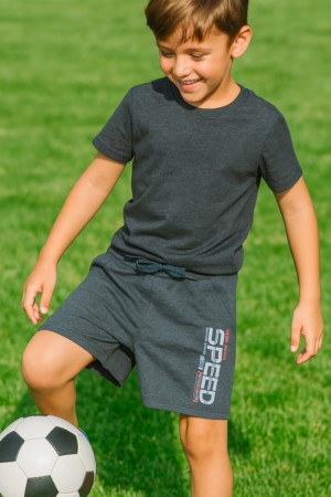 "Kids Boys Sporty Shorts – Dark Grey Cotton Blend with Drawstring & Graphic Print"