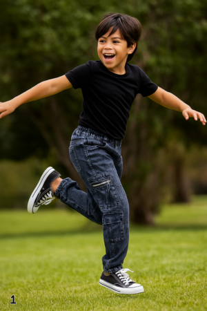 "Kids Boys Denim Cargo Joggers – Dark Blue Stretchable Jeans with Multiple Pockets"