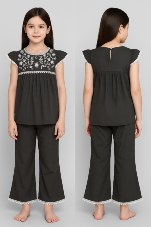 "Girls Cotton Co-ord Set – Black Embroidered Top & Palazzo with Lace Detailing"