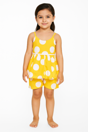 "Girls Cotton Co-ord Set – Yellow Polka Dot Top & Shorts, Sleeveless Summer Outfit"