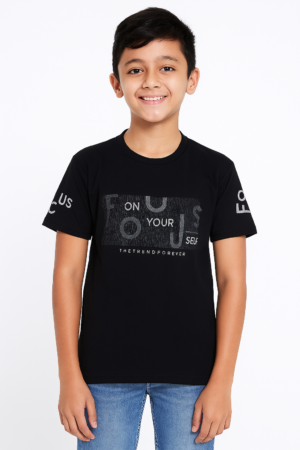 "Boys Cotton Printed T-Shirt – Black Focus Graphic Tee for Kids, Short Sleeve Round Neck"