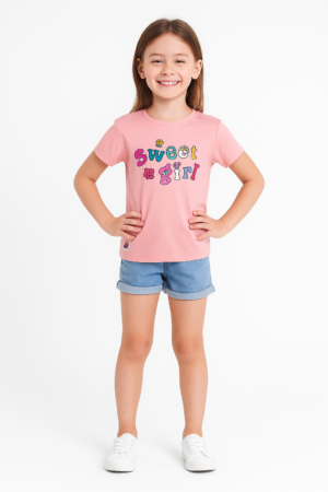 "Girls Cotton Printed T-Shirt – Pink Sweet Girl Graphic Tee for Kids, Short Sleeve Round Neck"