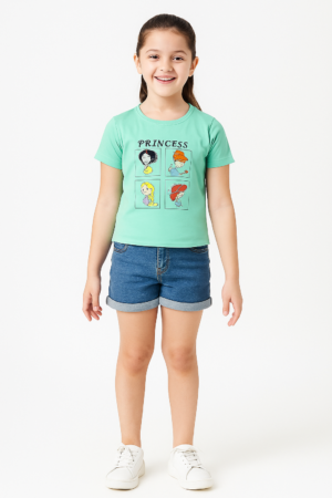 "Girls Cotton Printed T-Shirt – Mint Green Princess Graphic Tee for Kids, Short Sleeve Round Neck"